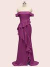 Sexy Off Shoulder Side Slit Long Soft Satin Bridesmaid Dresses With Ruffle