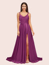 Elegant A-line Spaghetti Straps Long Silky Satin Evening Prom Dresses With Slit