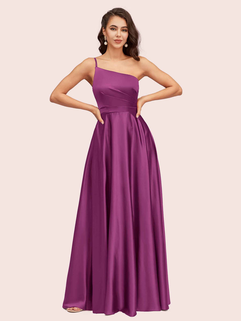 Fancy One Shoulder A-Line Long Soft Satin Party Prom Dresses 2023