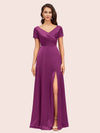Elegant V-Neck Short Sleeves Long Soft Satin Party Prom Dresses With Slit