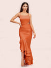 Sexy Unique Mermaid Spaghetti Straps Asymmetrical Soft Satin Formal Prom Dresses
