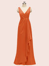Elegant V-neck Floor Length Long Soft Satin Bridesmaid Dresses With Slit