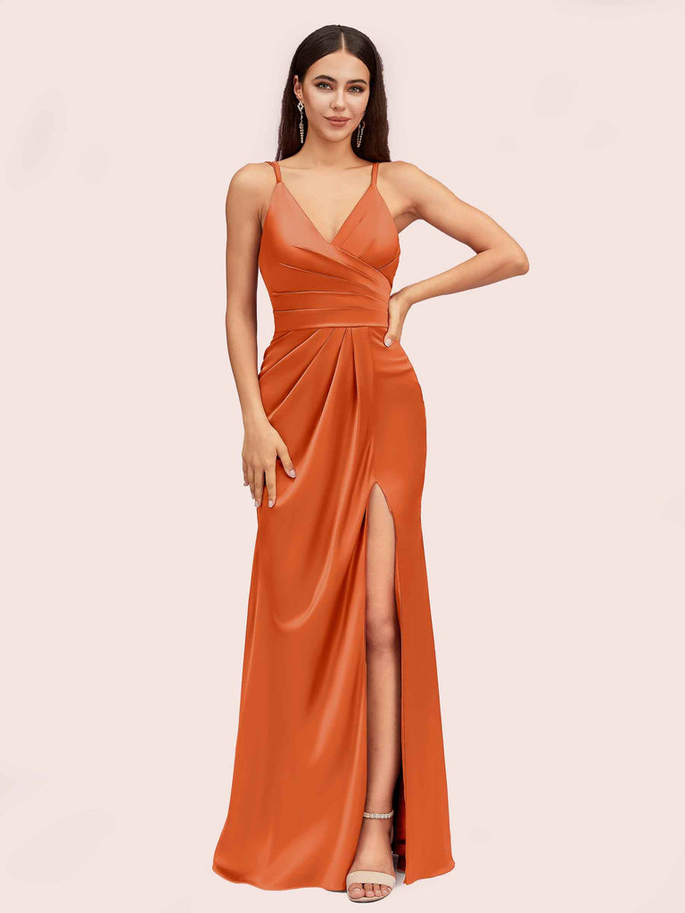 Sexy Spaghetti Straps V-neck Long Silky Soft Satin Bridesmaid Dresses With Slit