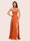 Elegant A-line High Neck Long Side Split Long Soft Satin Bridesmaid Dresses