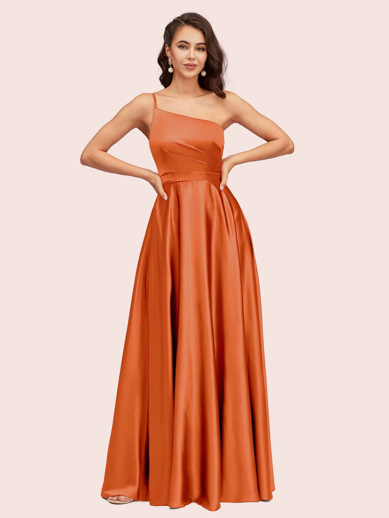 Sexy One Shoulder A-Line Long Soft Satin Bridesmaid Dresses With Pleats For Sale Sexy One Shoulder A-Line Long Soft Satin Bridesmaid Dresses With Pleats For Sale