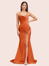 Sexy Backless Mermaid Spaghetti Straps Scoop Long Soft Satin Bridesmaid Dresses With Slit