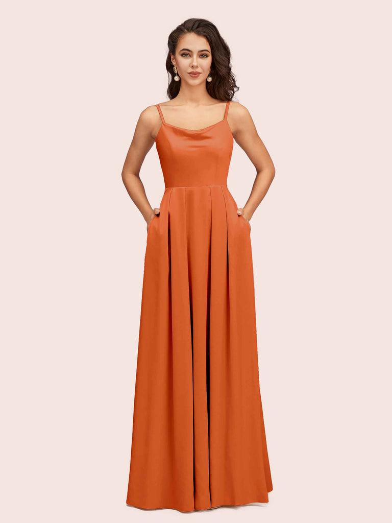 Simple Spaghetti Straps Long Soft Satin Bridesmaid Dresses