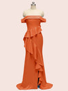 Sexy Off Shoulder Side Slit Long Soft Satin Bridesmaid Dresses With Ruffle