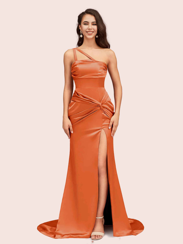 Sexy Mermaid One Shoulder Unique Side Slit Soft Satin Evening Prom Dresses Online