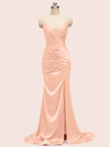 Sexy Spaghetti Straps V-neck Mermaid Long Satin Graduation Prom Dresses With Slit