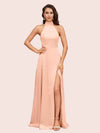 Elegant A-line High Neck Long Side Split Long Soft Satin Bridesmaid Dresses
