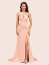 Sexy Side Slit Mermaid One Shoulder Long Soft Satin Evening Prom Dresses Online