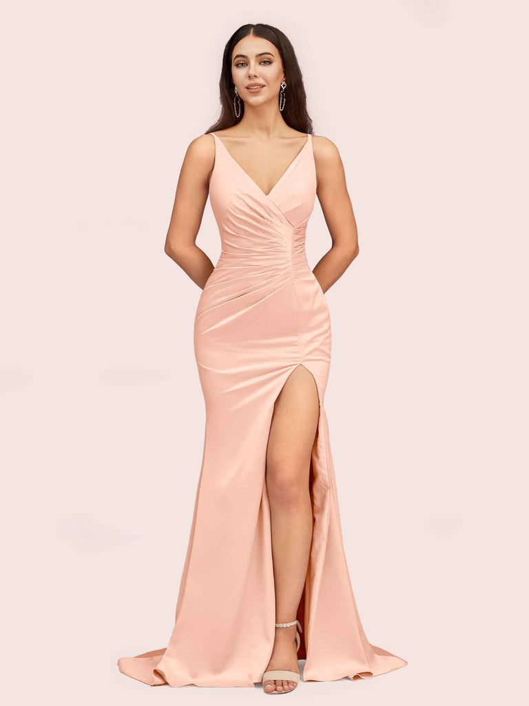 Sexy Mermaid V-neck Side Slit Long Soft Satin Graduation Prom Dresses Online Sexy Mermaid V-neck Side Slit Long Soft Satin Graduation Prom Dresses Online