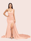 Sexy Mermaid One Shoulder Long Soft Satin Side Slit Evening Prom Dresses Online