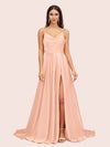 Elegant A-line Spaghetti Straps Long Soft Satin Bridesmaid Dresses With Slit Online