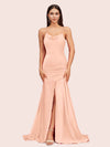 Sexy Backless Mermaid Spaghetti Straps Long Soft Satin Bridesmaid Dresses With Slit