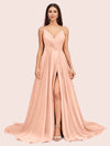 Elegant Spaghetti Straps V-neck Long Soft Satin Side Slit Bridesmaid Dresses For Sale