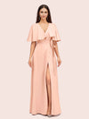 Elegant Bat Sleeves V-neck Side Slit Long Soft Satin Bridesmaid Dresses