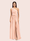 Sexy A-Line One Shoulder Long Side Slit Soft Satin Bridesmaid Dresses