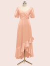 Beautiful Short Sleeves V-Neck Soft Satin Cheap Short Bridesmaid Dresses