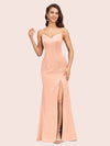 Simple Spaghetti Straps Mermaid Long Silky Satin evening Prom Dresses With Slit