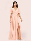 Elegant A-line V-neck Short Sleeves Long Bridesmaid Dresses With Slit