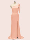 Sexy Mermaid One Shoulder Long Stretch Satin Bridesmaid Dresses With Slit