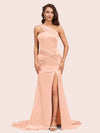 Sexy Mermaid One Shoulder Long Soft Satin Side Slit Bridesmaid Dresses Online For Sale
