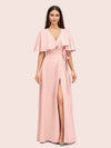 Elegant Bat Sleeves V-neck Side Slit Long Soft Satin Party Prom Dresses 2023