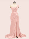 Sexy One Shoulder Long Soft Satin Mermaid Party Prom Dresses With Slit