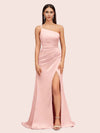 Sexy Soft Satin One Shoulder Side Slit Silky Long Mermaid Prom Dresses Online