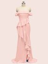 Sexy Off Shoulder Ruffles Long Soft Satin Party Prom Dresses With Slit