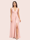 Sexy V-neck Long Side Slit Soft Satin Bridesmaid Dresses Online