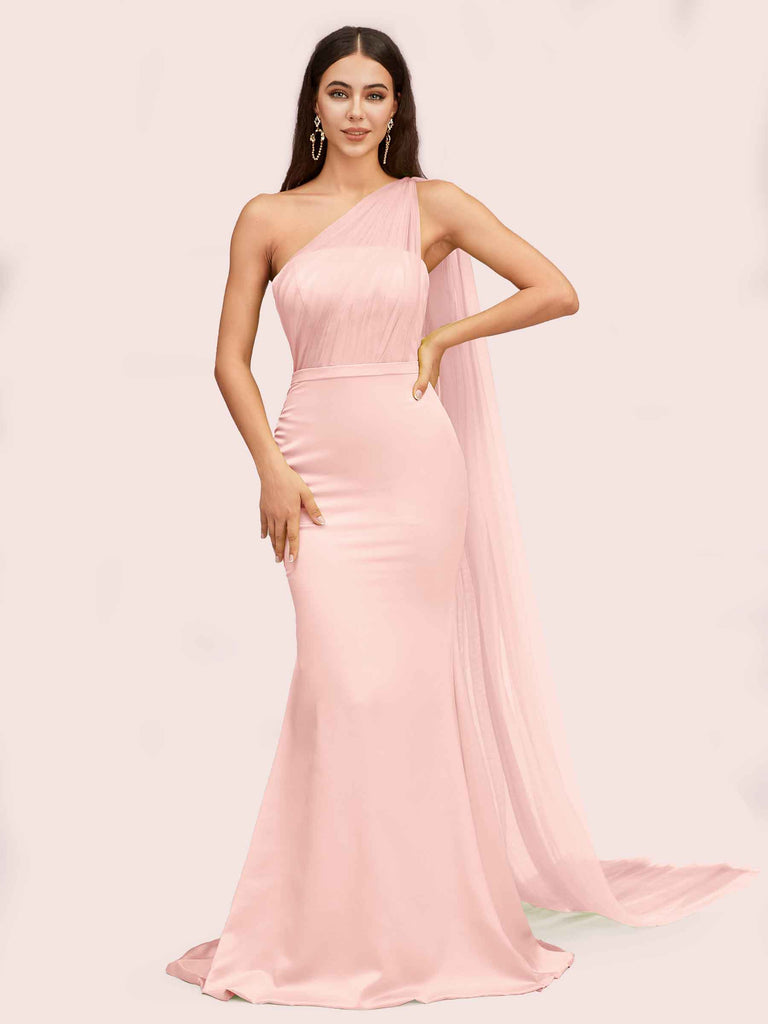 Unique Mermaid One Shoulder Long Soft Satin Bridesmaid Dresses With Tulle