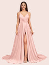 Elegant Spaghetti Straps V-neck Long Soft Satin Side Slit Bridesmaid Dresses