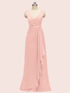 Elegant V-neck Floor Length Long Soft Satin Bridesmaid Dresses With Slit