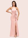 Sexy Mermaid Halter Long Silky Satin Party Prom Dresses With Slit