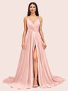 Elegant Spaghetti Straps A-line V-neck Long Soft Satin Side Slit Formal Prom Dresses