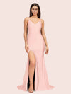 Simple Mermaid Spaghetti Straps Side Slit Long Soft Satin Formal Prom Dresses 2023