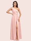 Elegant One Shoulder Side Slit Long Soft Satin Party Prom Dresses 2023