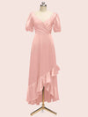 Beautiful Short Sleeves V-Neck Soft Satin Cheap Short Bridesmaid Dresses