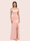 Sexy Cold Shoulder V-Neck Side Slit Mermaid Long Soft Satin Bridesmaid Dresses