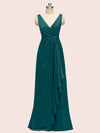 Elegant V-neck Floor Length Long Soft Satin Bridesmaid Dresses With Slit