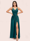 Modern Spaghetti Straps V-neck Side Slit Long Satin Bridesmaid Dresses With Slit