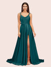 Elegant A-line Spaghetti Straps Long Silky Satin Evening Prom Dresses With Slit