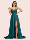 Elegant A-line Spaghetti Straps Long Soft Satin Bridesmaid Dresses With Slit For Sale