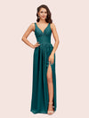 Sexy V Neck Long Soft Satin Side Slit Graduation Prom Dresses Online