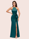 Simple Open Back Mermaid Halter Side Slit Long Soft Satin Bridesmaid Dresses Online