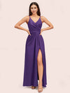 Modern Spaghetti Straps V-neck Side Slit Long Satin Party Prom Dresses With Slit