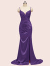 Sexy Spaghetti Straps V-neck Mermaid Long Satin Graduation Prom Dresses With Slit